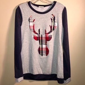 12PM by Mon Ami Plaid Reindeer Sweater Gray/Navy